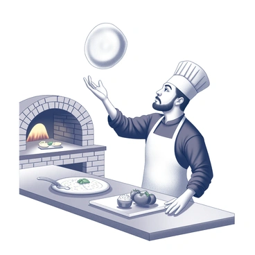 A chef in a traditional Napoli pizzeria is tossing pizza dough into the air. The chef is wearing a white apron over a black shirt and a classic chef's hat. The dough is circular and has a slightly translucent appearance as it spins gracefully above the chef's head. The pizzeria features a brick oven in the background, with flames visible, signaling a hot cooking environment. There are ingredients like fresh tomatoes, basil, and mozzarella cheese arranged neatly on the countertop nearby. The atmosphere conveys a sense of culinary tradition and expertise.