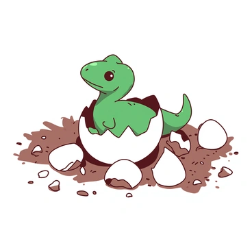 A small green baby dinosaur is emerging from a cracked white egg, with its head peeking out and bright eyes open wide. The surrounding area is littered with several cracked eggshells, some still intact and some in various states of breaking. The ground is scattered with bits of shell, creating a natural nest-like setting. The baby dinosaur is covered in soft, downy feathers and has tiny, delicate limbs. Sunlight filters in, casting soft shadows around, enhancing the scene of new life.