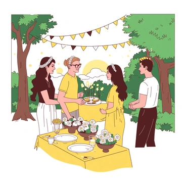 A small garden party is set up with guests wearing accessories that feature the Virgo zodiac symbol. The guests are mingling, some wearing delicate silver necklaces shaped like the Virgo constellation, while others have floral headbands adorned with subtle representations of Virgo symbols. The garden is decorated with yellow and white bunting strung between the trees, and small tables are set with yellow tablecloths. On the tables, there are white plates filled with an assortment of appetizers, and small bouquets of white and yellow flowers serve as centerpieces. A string of soft fairy lights illuminates the gathering as the sun begins to set.