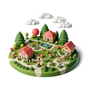 A miniature world filled with vibrant landscapes where tiny homes are constructed from various chemical symbols. The homes are intricately designed, showcasing symbols like "Na", "Cl", and "O2" in bright colors. Anions, depicted as small, cheerful characters with unique attributes, are seen going about their daily activities. Some are watering miniature gardens that also feature plant life made of stylized chemical elements, while others are gathered around community spaces made from larger symbols. The sky above the scene is a soft gradient, emphasizing the whimsical atmosphere of this chemical-themed world.