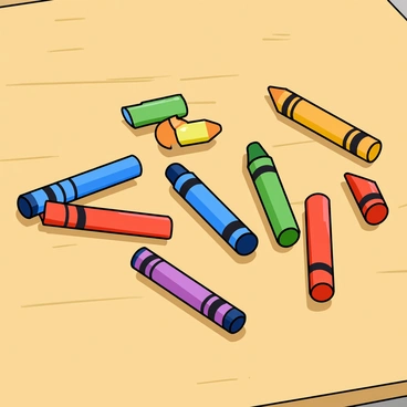 A collection of vibrant crayons scattered across a light wooden table. There are several crayons in full length, along with a few that are broken in half, lying next to each other. The crayons come in various colors, including red, blue, green, yellow, and orange. The broken crayons are arranged in a way that they visually represent an improper fraction, with the pieces forming the top part of the fraction and the whole crayons creating the bottom part. The sunlight casts soft shadows on the table, adding depth to the scene.