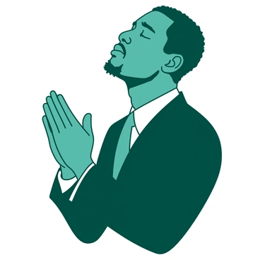 A teal illustration of "Malcolm X" in a moment of soulful prayer, with his eyes closed and hands raised towards the sky. He is wearing a sharp black suit, and his facial features are depicted with deep concentration and reverence. The background is a soft white, highlighting his figure. His hands are slightly open, with his palms facing upward, symbolizing supplication. The light seems to focus on him, enhancing the spiritual atmosphere of the scene.