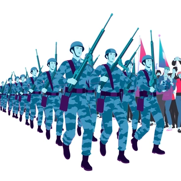 A formation of soldiers marching in a parade, each with a determined expression. They are dressed in uniforms featuring camouflage patterns. Each soldier has a sleek machine gun slung over their shoulders, showcasing a polished metallic finish. The soldiers maintain precise formation as they march in sync, with their boots striking the ground in unison. In the background, a crowd of spectators is visible, some waving flags and others capturing the moment with cameras. The atmosphere is filled with a sense of discipline and military pride.