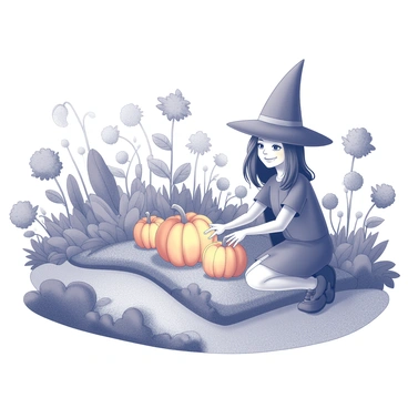 A lush garden filled with various plants, all exhibiting unique shapes and textures. In the center, there are vibrant pumpkins that emit a gentle glow, illuminating the surroundings. A kind witch is present, tending to her garden with care. She has a warm smile, and her hands are gently touching the leaves of the plants as if communicating with them. The garden is arranged with winding pathways and an assortment of foliage, creating a sense of harmony in the space. Various friendly plants appear to lean towards the witch, showcasing an interaction between her and the natural environment.