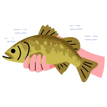 A close-up view of a smallmouth bass being held by a hand. The bass has a mottled brown and green coloration, with distinct dark stripes running along its sides. Water droplets are glistening on its scales, reflecting light. The background shows hints of water ripples, enhancing the focus on the fish and the hand gripping it securely.