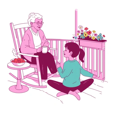 A pink grandmother with soft wrinkles is sitting on a white rocking chair on a sunny porch. She is wearing a light blue cardigan and holding a steaming white cup in her hands. A teal granddaughter is sitting cross-legged on the porch floor, gazing up at her grandmother with an attentive expression. The sunlight casts gentle shadows, highlighting the warmth of their interaction. A small white table beside them holds a bowl of fresh strawberries, and colorful flowers are in pots adorning the porch railing.