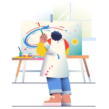 An artist with dark curly hair is standing in front of a large canvas, holding a long paintbrush in her right hand. She is wearing a white smock splattered with various colors of paint. As she drags the brush across the canvas, a vibrant trail of blue, red, and yellow paint is left behind, creating swirling patterns. The artist's left hand is gripping the edge of the canvas for support. In the background, there are paint tubes and brushes scattered on a wooden table, and a palette loaded with bright colors rests beside her. The room has natural light streaming in through a window, illuminating the colorful scene.
