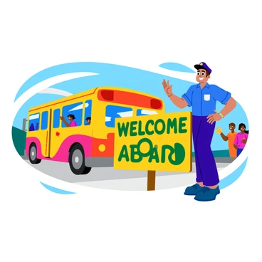 A cheerful tour bus driver with a bright smile is standing next to a large "Welcome Aboard" sign. The driver is wearing a blue uniform with a neat cap and is gesturing towards the sign. The sign is colorful, featuring bold letters and decorative elements like stars and swirls. In the background, a vibrant tour bus is parked, showcasing bright colors and fun graphics. There are a few excited passengers in the background, ready to board the bus. The setting is lively, capturing the essence of a joyful journey about to begin.