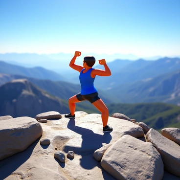 A person in athletic wear performing a burpee on a rocky mountain peak. The individual is focused and has arms extended upward while transitioning from a squat position. Surrounding them are rugged rocks and cliffs. In the background, a vast landscape unfolds, showcasing a sweeping view of distant mountains and valleys under a clear blue sky. The sunlight casts sharp shadows on the rocky surface.