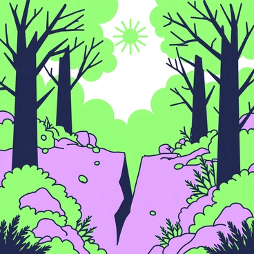 A dense forest filled with tall trees and thick underbrush. The trees have numerous branches and leaves, creating a rich canopy overhead. In the center of the forest, a noticeable fault line runs through the ground, visibly creating a jagged separation in the earth. The left side of the fault features slightly raised soil, while the right side shows a depression. Various ferns and shrubs grow along the edges of the fault line, with small rocks scattered around. Sunlight filters through the leaves above, casting dappled shadows on the forest floor.