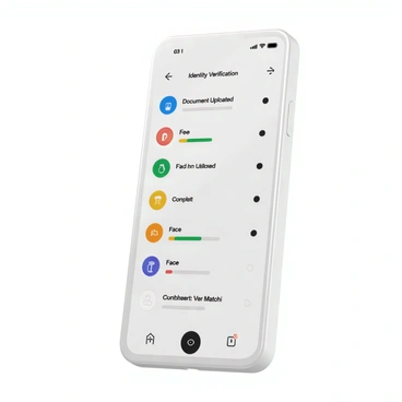 A mobile app interface displayed on a sleek smartphone screen, featuring various stages of the KYC process. The interface includes several clearly labeled sections such as "Identity Verification," "Document Upload," and "Face Match," each represented by distinct icons. Each section showcases a progress indicator, with some stages marked as complete and filled with a vibrant color, while others are outlined and empty. The overall design is modern, with a clean layout that emphasizes user-friendliness. The background is subtle to keep focus on the app elements.