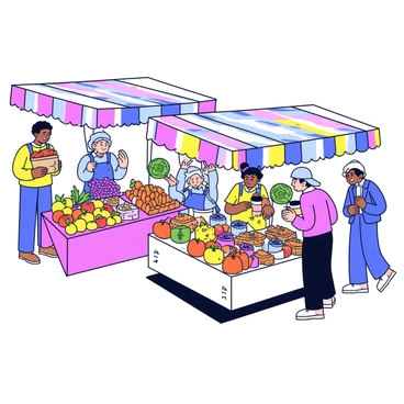 A bustling market scene in Bordeaux filled with various stalls. One stall displays an abundance of fresh fruits, including apples, oranges, and bunches of grapes. Another stall showcases vibrant vegetables such as carrots, bell peppers, and leafy greens. Nearby, a craft stall offers handmade items like woven baskets and intricate pottery. Shoppers are seen browsing and interacting with vendors. The setting includes colorful awnings overhead to provide shade from the sun.
