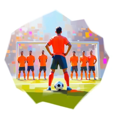 A soccer player preparing to take a penalty kick, with teammates watching intensely