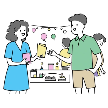 Two neighbors at a block party are engaged in conversation while exchanging "refer-a-friend" leaflets. One neighbor, a woman with curly hair wearing a blue summer dress, is smiling as she hands a colorful leaflet to a man dressed in a green polo shirt and khaki shorts. They are standing near a table adorned with snacks and drinks, surrounded by a festive atmosphere with balloons and string lights. The background features other attendees mingling and enjoying the party.