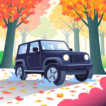 A black G-Wagon is driving through a dense forest filled with trees displaying vibrant autumn leaves in shades of orange, red, and yellow. The ground is covered with a thick carpet of fallen leaves, creating a colorful mosaic. Sunlight filters through the tree branches, casting dappled light patterns on the vehicle and the ground. The tires of the G-Wagon are splashing through small puddles formed by recent rain, adding a sense of movement and energy to the scene. In the background, tall trees stretch upwards, their trunks adorned with moss and lichen.