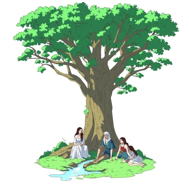 A massive ancient tree with a thick, gnarled trunk and sprawling branches stretches upwards, its leaves creating a lush canopy. The tree is situated in a serene area of Rivendell, surrounded by gently flowing streams and soft greenery. A group of elegant elves, dressed in flowing garments, are gathered around the base of the tree. Some elves are sitting on the grass, while others are leaning against the trunk, engaged in quiet conversation. Sunlight filters through the leaves, casting dappled light patterns on the ground and illuminating the peaceful scene.