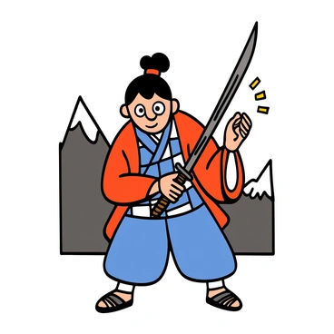 A young man with light skin and dark hair in a traditional Japanese outfit is standing in a dramatic pose, holding a katana confidently in his right hand. His expression is determined, and he has big eyes that convey focus. The background shows a hint of a mountainous landscape, suggesting a setting for battle. The katana is gleaming, reflecting the light, and his left hand is raised slightly as if preparing for action. He is wearing a checkered haori over his kimono, and his stance is strong, ready to engage in combat.