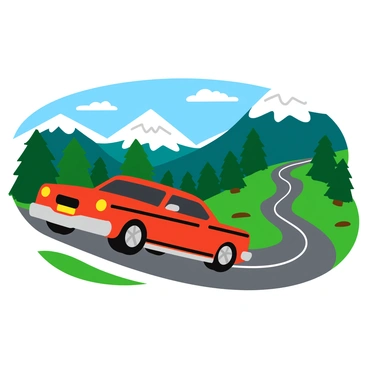 A bright red muscle car is speeding along a winding mountain pass. The car features bold stripes along the sides and has shiny chrome wheels. In the background, there are majestic snow-capped peaks towering against a clear blue sky. The road curves gracefully, lined with patches of green pine trees. The scene captures a sense of motion, with the car leaving a trail of dust behind as it navigates the turns.