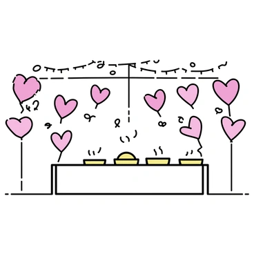 A room filled with heart-shaped balloons in various shades of red and pink, floating freely from the ceiling. The walls are adorned with clusters of these balloons, creating a cheerful atmosphere. In the center of the room, a long table is set with colorful plates and utensils, ready for a gathering. Streamers hang from the ceiling, adding to the festive decor. Soft, warm lighting illuminates the space, enhancing the celebratory mood.