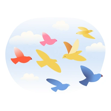 A flock of birds in various solid colors is flying across a clear blue sky. The birds are mid-flight, showcasing different wing positions, and they are arranged in a dynamic formation. Some birds are bright red, others are sunny yellow, and a few are deep blue. The background features a clear sky with minimal clouds, emphasizing the vibrant colors of the birds as they move gracefully through the air.
