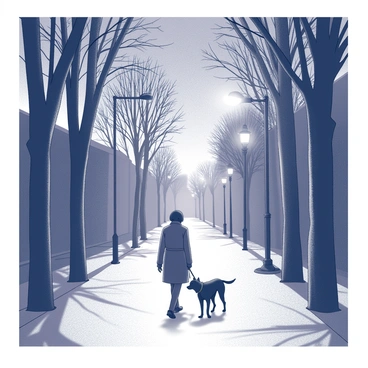 A person walks along a narrow street illuminated by faint light emanating from a few scattered street lamps. Tall, dark trees line both sides of the street, their branches casting intricate shadows on the pavement. The person appears to be wearing a long coat and is holding a leash attached to a dog walking beside them. The dog's posture conveys movement as it sniffs the ground. The atmosphere gives a sense of quiet solitude in the evening.