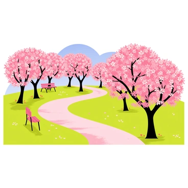 A park filled with cherry blossom trees in full bloom, their branches heavy with clusters of pink flowers. The ground is carpeted with fallen petals, creating a soft, pink-hued layer. A winding path meanders through the trees, inviting visitors to stroll beneath the delicate blossoms. Several benches are positioned along the path, surrounded by vibrant green grass and small patches of colorful wildflowers. The sky above is a clear blue, enhancing the beauty of the blooming trees.