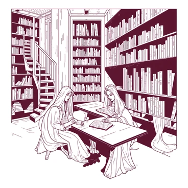 A duotone illustration of an ancient library in Rivendell, showcasing tall wooden shelves filled with numerous scrolls and books. Soft beams of light filter through large, intricately carved windows, illuminating the space. Several elves with long hair are seated at elegantly designed wooden tables, each engrossed in reading their chosen materials. The elves wear flowing robes that blend harmoniously with the surroundings. In one corner, a spiral staircase leads to a second level, adorned with more shelves of books. A gentle atmosphere of quiet concentration fills the library.