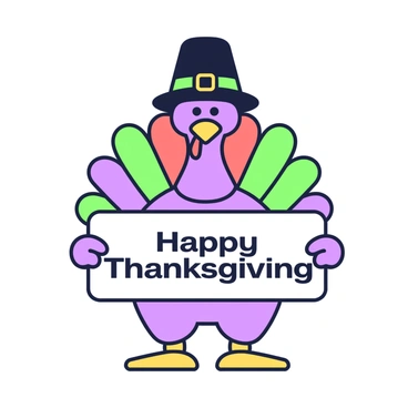 A cartoon turkey stands upright, wearing a black pilgrim hat adorned with a gold buckle. It has colorful feathers displayed in a fan shape behind it, showcasing a variety of colors. The turkey is holding a sign with the phrase "Happy Thanksgiving" written in large, bold letters. The sign is positioned in front of the turkey, with its wings raised slightly as if to emphasize the message. The background is simple to ensure the focus remains on the turkey and the sign.