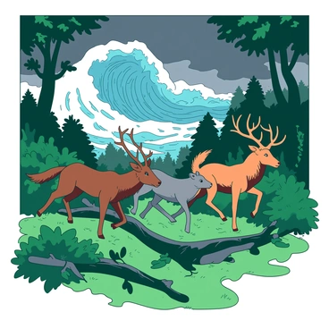 A group of wild animals, including a brown deer, a gray wolf, and a majestic orange stag, are sprinting through a dense green forest. Their eyes show urgency as they dash towards higher ground. Behind them, towering waves of a tsunami can be seen crashing through the trees, creating a dramatic backdrop. The animals are leaping over fallen branches and thick underbrush, with leaves rustling around them. The sky above is dark and ominous, indicating an impending storm. The scene captures the raw instinct of survival as the animals flee from the approaching danger.