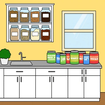 A bright, organized kitchen with white cabinets and a shiny stainless-steel countertop. The shelves are filled with various glass jars containing colorful nuts, grains, and seeds. Each jar has a label on the front, clearly indicating its contents. There are several labeled containers for sports nutrition arranged neatly on the countertop, showcasing protein powders and energy bars. A small potted plant sits in the corner, adding a touch of green to the space. The kitchen is illuminated by warm, natural light coming through a window.