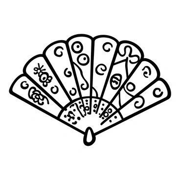 A decorative paper fan displaying intricate patterns and detailed designs. The fan is partially opened, revealing various shapes and motifs that cover its surface. It is held by a slender handle, adding elegance to the overall appearance. The fan is adorned with elaborate swirls and floral elements that create a sense of artistry and craftsmanship.