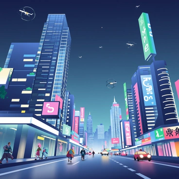 A sprawling futuristic cityscape is presented at night, showcasing towering skyscrapers with sleek, glass facades that reflect the city lights. The buildings are adorned with glowing neon signs in vibrant colors such as blue, pink, and green, illuminating the streets below. A busy street runs through the city, with people walking and hovering vehicles moving above. The sky is dotted with small drones and digital billboards, adding to the bustling atmosphere of the scene. Bright lights create a striking contrast against the dark night sky, enhancing the dynamic and modern feel of the city.
