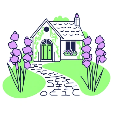A garden path is made of cobblestones and is lined with tall gladiolus flowers standing upright on either side. The flowers display vibrant colors, creating a striking contrast. The path leads to a quaint cottage with a thatched roof and a small chimney. The cottage is surrounded by greenery, with climbing vines wrapping around its walls and a welcoming wooden door at the front. A small window can be seen with flower boxes filled with various blooms underneath.