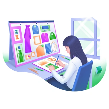 An illustrator is focused on sketching fashion outfits inspired by multimedia trends. The artist is seated at a modern desk, surrounded by a variety of colorful fabrics and swatches, each displaying vibrant patterns and textures. Pencils, markers, and a sketchbook filled with designs are scattered on the desk. The illustrator’s hand is poised over the sketchbook, capturing the essence of the outfits. Nearby, a mood board features images of popular multimedia styles and trends, providing inspiration for the designs. Natural light streams in through a window, illuminating the workspace.