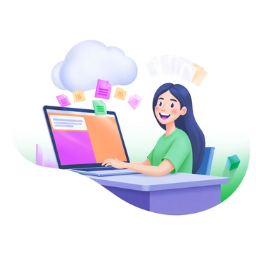 A modern pastel illustration depicting a person sitting at a desk, smiling as they use a laptop to back up their files. The laptop screen displays a bright, colorful interface of a cloud storage service. Above the laptop, there is a large, fluffy cloud illustrated in soft pastel colors, surrounded by small icons representing files and folders moving into the cloud. The background features a simple, light-colored wall to enhance the cheerful atmosphere.