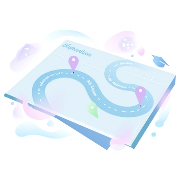 A roadmap is laid out on a flat surface, featuring various stages labeled with key terms related to life insurance. The roadmap includes distinct sections such as "Application," "Underwriting," "Policy Issuance," "Premium Payments," and "Claim Process," each connected by winding paths. Colorful markers indicate important milestones along the journey. Surrounding the roadmap are icons representing different life events, such as a house, family, and graduation cap, illustrating significant moments in the policyholder's life. The entire illustration is filled with gradient pastel colors, enhancing the visual appeal of the roadmap.