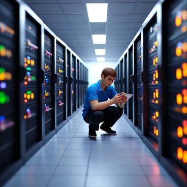An organized server room featuring rows of glowing server racks, each unit displaying various colored lights indicating their operational status. The floor is lined with grey tiles, and overhead, bright white fluorescent lights illuminate the space. In the center of the room, a technician with short brown hair, wearing a blue polo shirt and black pants, is crouched next to a server rack. The technician is carefully examining the cables and components within one of the servers, holding a small tool in one hand and a notepad in the other.
