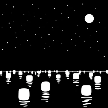 A serene lake with many floating lanterns gently illuminating the water's surface. Each lantern emits a soft glow as it drifts among the reflections in the lake. The sky is filled with numerous stars, twinkling brightly against the dark backdrop. In the distance, silhouettes of trees can be seen framing the edges of the lake, while the moon casts its light over the scene. The overall composition captures the tranquil atmosphere of the festival.