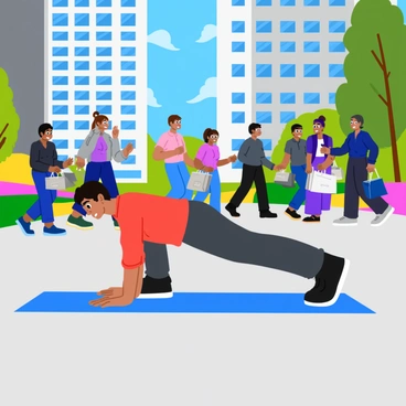 A person in athletic wear is performing a knee plank on a smooth, gray pavement in a busy city plaza. The individual has short black hair, is focused, and maintains a straight posture with their arms bent and body aligned. Surrounding them, various people walk by, some engaged in conversation, while others are looking at their phones. A few are carrying shopping bags, and there are tall buildings in the background with glass windows reflecting sunlight. Colorful outdoor seating and small trees are positioned around the plaza, adding vibrancy to the scene.