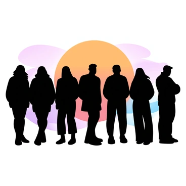 Silhouettes of various individuals are standing in a row against a vibrant sunset background. Each figure reflects a unique gender identity through their posture and stance. The sunset features a gradient of warm colors, transitioning from deep orange to soft pink and purple. The silhouettes are distinct from one another, showcasing a variety of shapes and sizes. Some figures have long hair, while others have short or styled hair. Each silhouette exhibits a sense of individuality, celebrating diversity and inclusivity in gender identities. The scene captures the essence of unity among different identities in front of a beautiful sunset.