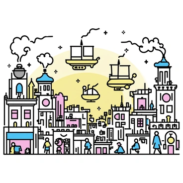 A detailed view of a steampunk city filled with intricate buildings featuring gears and cogs. Several airships with large sails are floating above the skyline, where smoke is billowing from chimneys. Below, streets are alive with people dressed in Victorian clothing, walking alongside mechanical devices and clockwork contraptions that are in motion. The sky is filled with a mix of warm and cool colors, reflecting the lively atmosphere of the city.