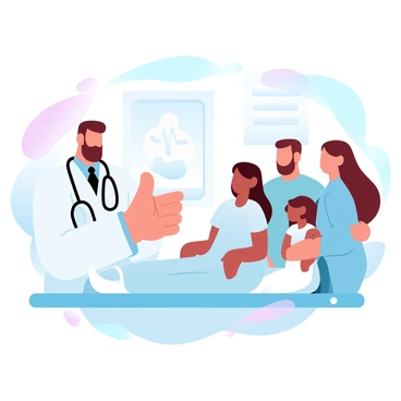A doctor dressed in a white coat is giving a thumbs up with one hand to a patient sitting on the examination table. The patient is wearing a hospital gown and has an expression of relief. Beside the patient, a supportive family is standing closely. The family consists of two adults and a child, all looking towards the patient with pride and encouragement. The examination room is filled with medical equipment, and a chart can be seen hanging on the wall. A large "thumbs up" symbol is prominently displayed in the background.