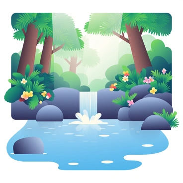 A hidden waterfall is cascading down smooth rocks into a crystal-clear pool below. The water splashes gently as it meets the pool, creating small ripples across the surface. Surrounding the waterfall, vibrant green plants and ferns thrive in the lush tropical rainforest. Tall trees with thick trunks and broad leaves form a natural canopy, filtering sunlight that streams through to illuminate the scene. Colorful flowers bloom along the edges of the pool, adding splashes of color to the tranquil setting. A few stones are visible at the bottom of the pool, partially submerged in the clear water.