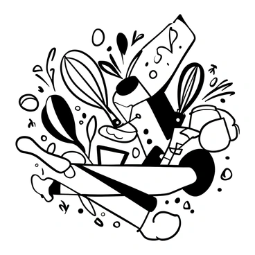 A variety of kitchen utensils, including a whisk, spatula, and wooden spoon, are arranged in an overlapping manner on an illustration board. Around these utensils are various ingredients such as flour, eggs, and fresh herbs scattered throughout the composition. There are measuring cups and bowls positioned at different angles, adding depth to the scene. A rolling pin lies across the bottom of the board, with some dough partially rolled out beside it. The overall layout creates a sense of organized chaos, with each element interacting harmoniously.