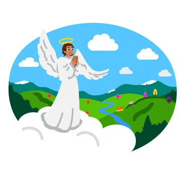 A tall angel with radiant wings stands vigilantly on a fluffy white cloud. The angel has a glowing halo above their head and wears a flowing gown that shimmers with shades of white and silver. The angel's expression is calm and protective as they gaze downwards. Below, a colorful and vibrant landscape stretches out, featuring green hills, winding rivers, and a variety of trees and flowers. The sky is bright blue with fluffy white clouds scattered throughout, accentuating the serene scene.
