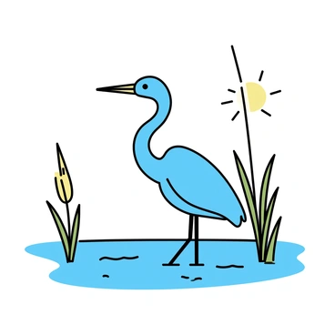 A blue heron standing still, its feathers blending seamlessly with the tall green reeds surrounding it. The heron's long neck is curved elegantly as it observes the water's surface. The sun is casting a soft light that highlights the delicate textures of the reeds. In the background, there are ripples on the water, reflecting the environment around the heron.