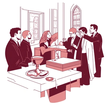 A group of congregants dressed in formal attire are gathered inside a church with stained glass windows filtering the light. The wooden altar is adorned with a white tablecloth, and on it, there is an ornate silver chalice filled with red wine. Beside the chalice, there is a plate holding freshly baked bread, sliced into pieces. The atmosphere is solemn as the congregants reach towards the altar, their hands poised to partake in the Holy Communion. The scene captures a moment of reverence and anticipation among the attendees.