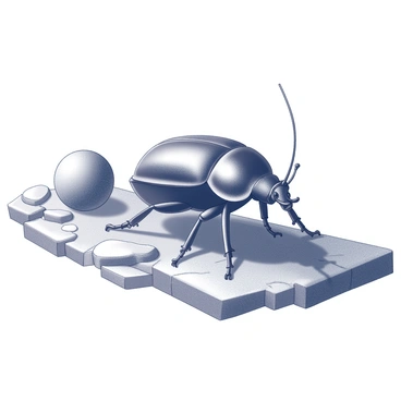 A scarab beetle is positioned in the center of the image, using its strong legs to push a small ball forward. The beetle has a shiny exoskeleton, showcasing intricate patterns and textures. The terrain is uneven, with various rocks and small bumps scattered throughout. The ball is slightly ahead of the beetle, illustrating the effort and movement. The background consists of a mix of larger stones and patches of ground, emphasizing the challenge the beetle faces while navigating this rugged landscape.