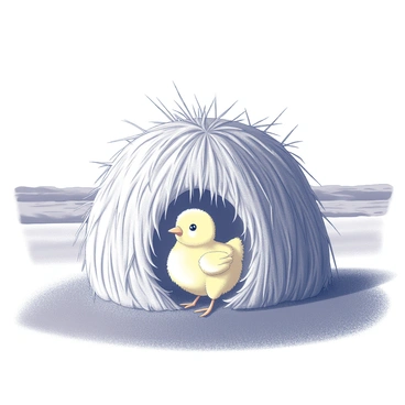 A small yellow chick is peeking out from behind a large haystack. The haystack is tall and textured, with various strands of dried grass visible. In the background, a wide-open farm landscape can be seen, with fields stretching towards the horizon. The sun is shining, casting clear shadows on the ground and highlighting the chick's fluffy feathers. The chick's small beak is slightly open, and its bright eyes are wide with curiosity as it observes its surroundings.