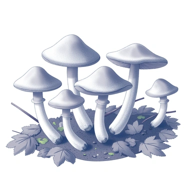 A collection of mushrooms of varying sizes and shapes is growing on the forest floor. The mushrooms are surrounded by a carpet of fallen autumn leaves, with a mix of different textures and shades present in the foliage. The ground is covered with rich soil and scattered twigs, adding to the natural environment. Patches of moss can also be seen peeking through the leaves, enhancing the forest floor's detail. Light filters through the trees above, casting soft shadows across the scene.